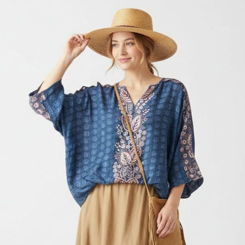 Anthropologie‎ Maeve Blue Print Peasant Boho Long Sleeve Blouse Top S